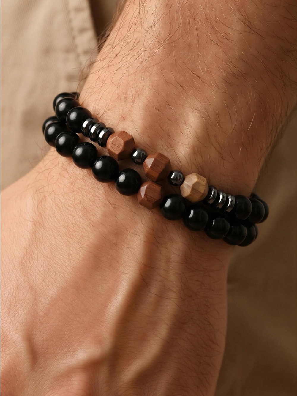 Men's Black and Brown Beaded Bracelet Set - Stylish Layered Bracelet